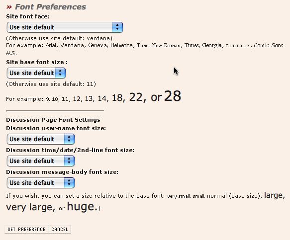 Screenshot of User Font Settings Page